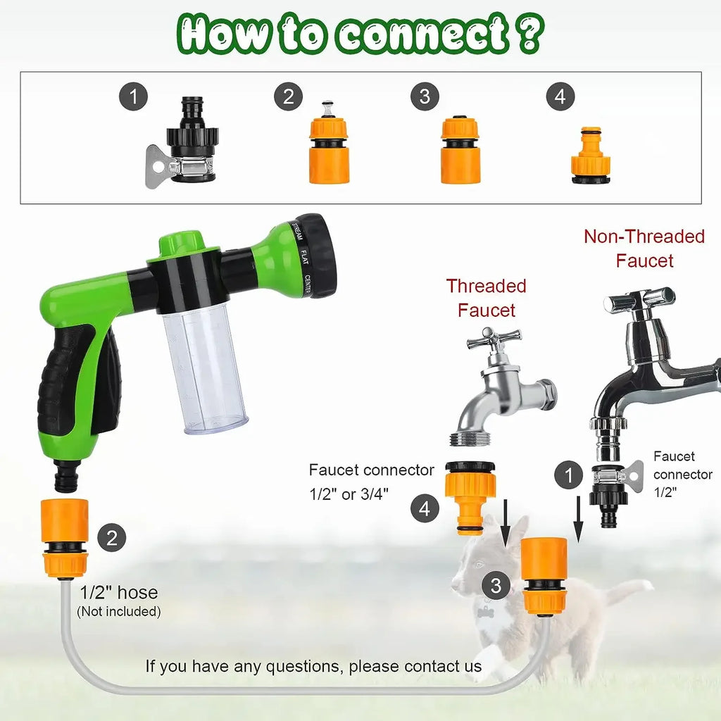 8-in-1 Pet Shower Sprayer with Soap Dispenser for Dogs & Cats – High Pressure Garden Hose Nozzle