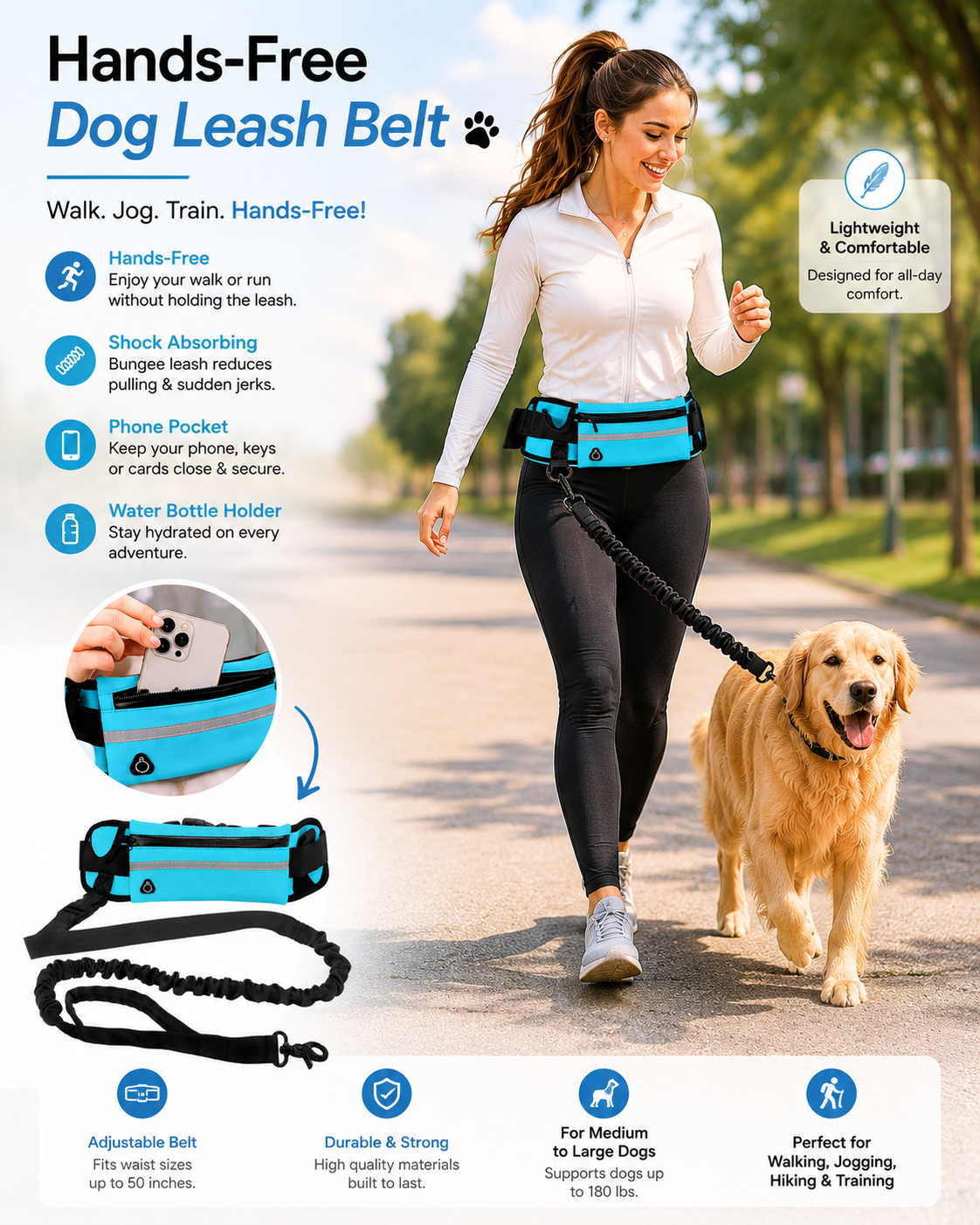 NEW Hands Free Dog Leash Pet Walking and Training Belt with Shock Absorbing Bungee Leash for up to 180Lbs Large Dogs Phone Pocket and Water Bottle Holder